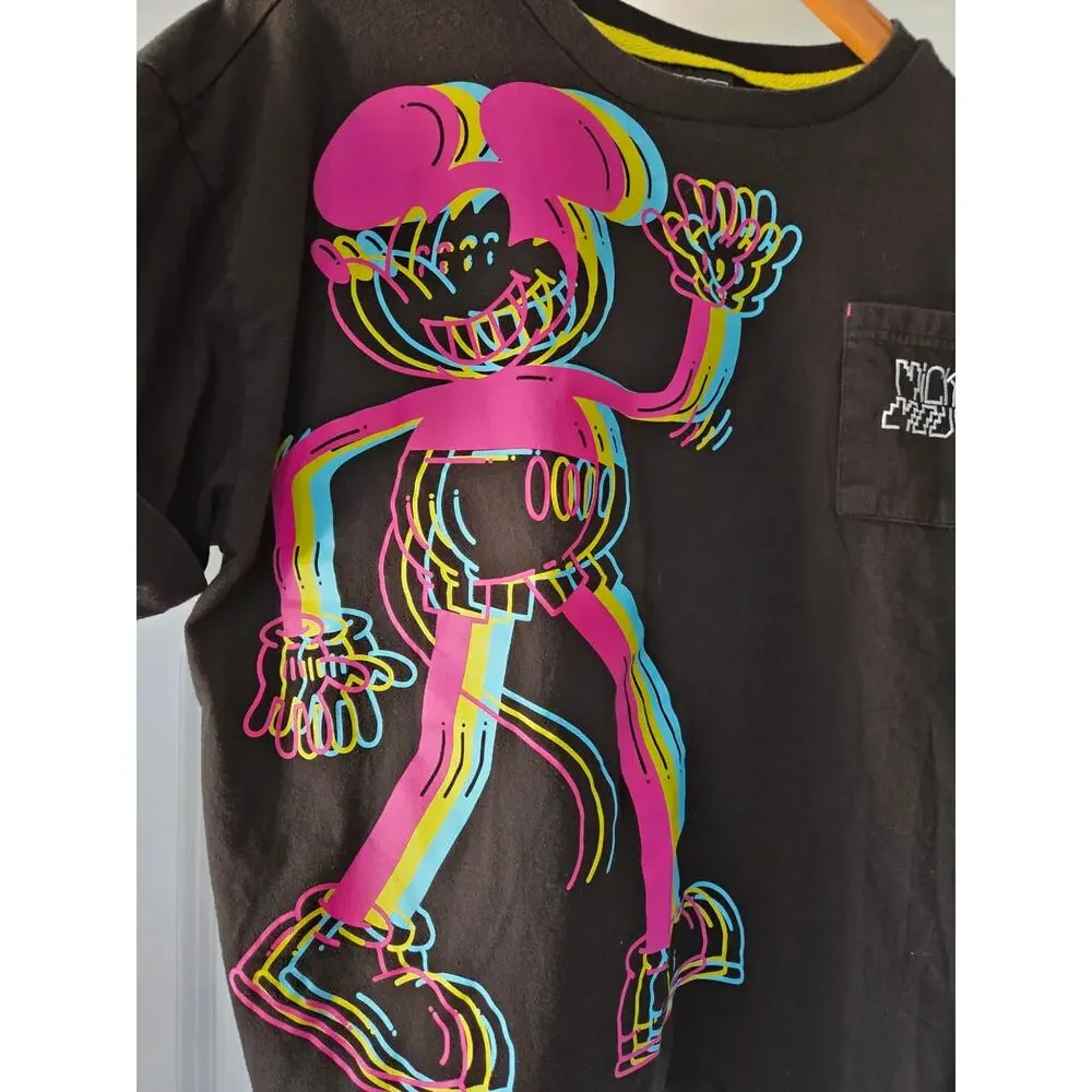Disney Artist Series Mickey‎ Mouse Glitch T-Shirt Mens Large Black Neon Pocket